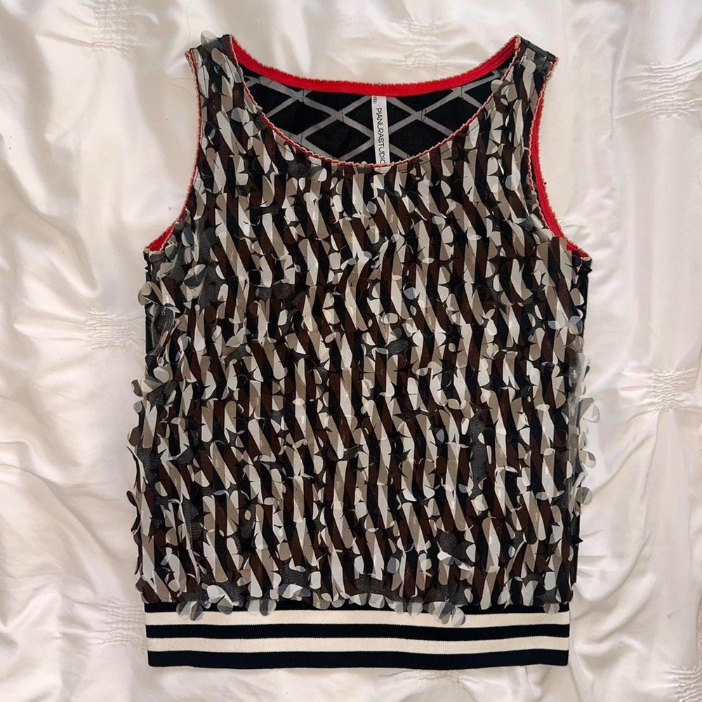 Pianura Studio floral black and white top with black leather pattern on the back